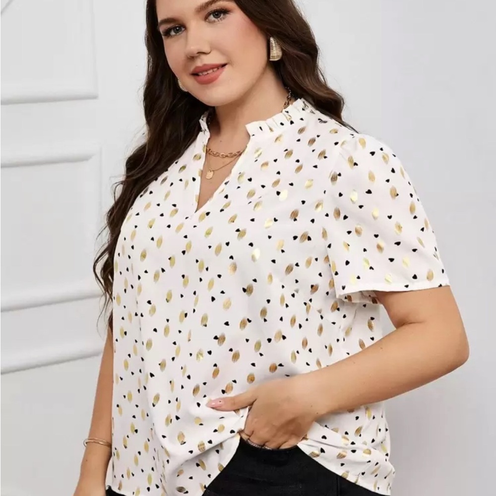 SHEIN White and Cream Flutter Sleeve Blouse with Mandarin Collar